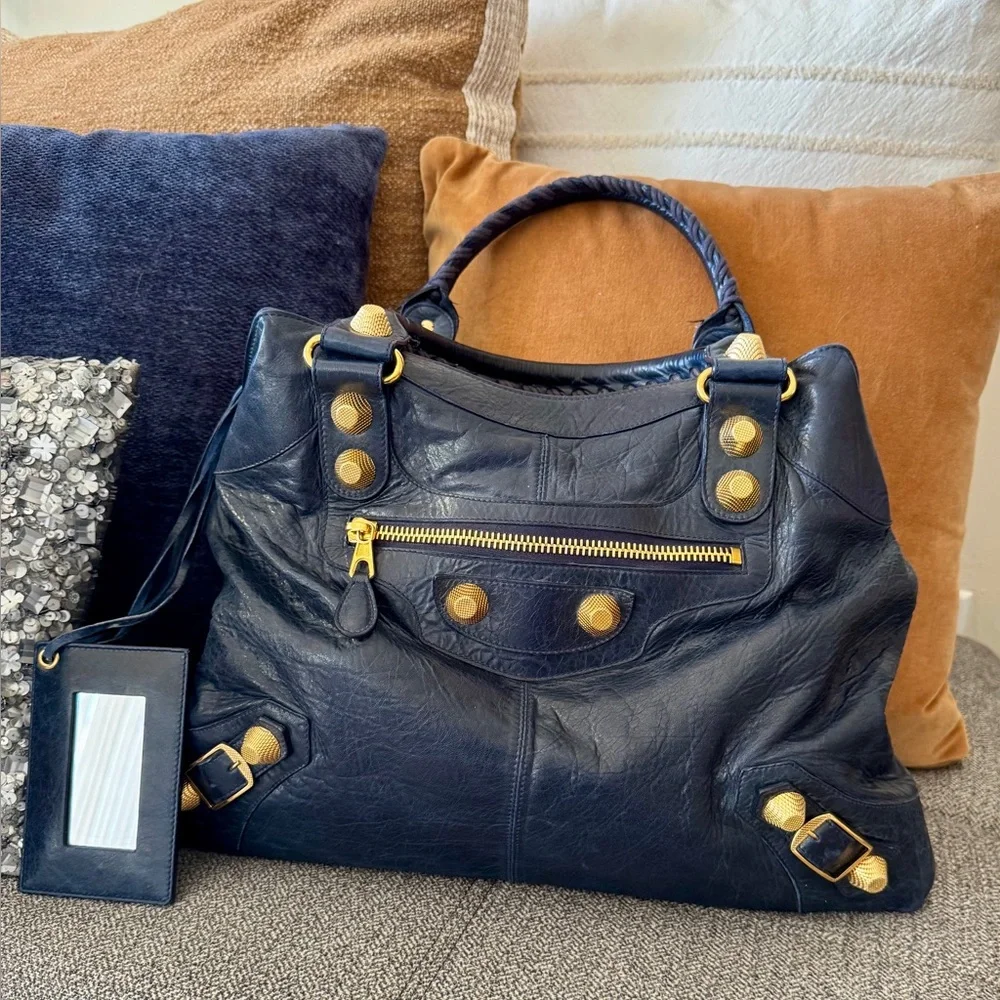 Vintage Balenciaga Marine Blue Leather Giant 21 Gold Brief Bag